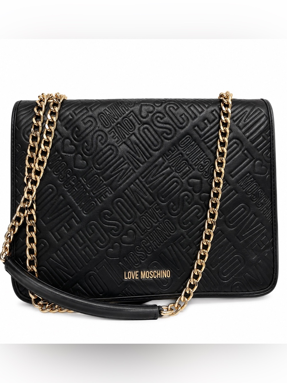 Love Moschino Black Quilted Embossed Leather Shoulder Bag with Gold Chain